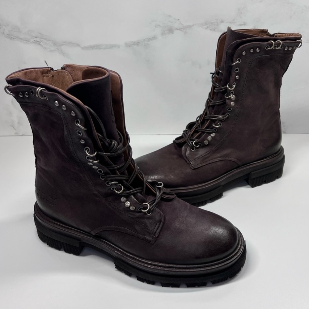 A.S. 98 Hubie Eggplant Leather Stud Ring Combat Lug Sole Boots